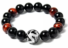 Suerte y la riqueza hechos a mano de la joyería de piedra natural 10 mm ojo de tigre y negro ágata tallada dragón Beads elástico pulsera para hombre