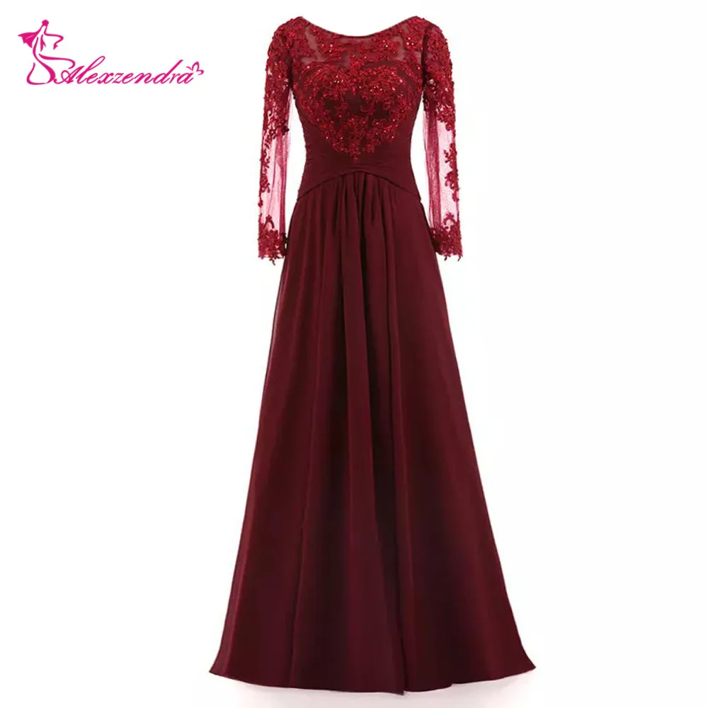 

Alexzendra A Line Chiffon Burgundy Mother of Bride Dress with Long Sleeves Scoop Neckline Illusion Back Elegant Party Dresses