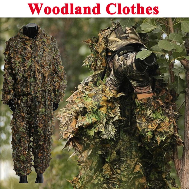 

Polyester Durable Outdoor Woodland Sniper Ghillie Suit Kit Cloak Military 3D Leaf Camouflage Camo Jungle Hunting Birding