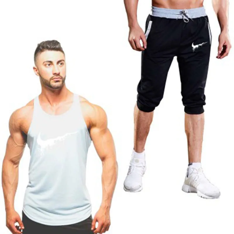 

Sportsuits Set 2019 Hot-Selling Summer New Man's Vest suit+Shorts Fashion print Sweatpants Fitness Short Jogger M-2XL