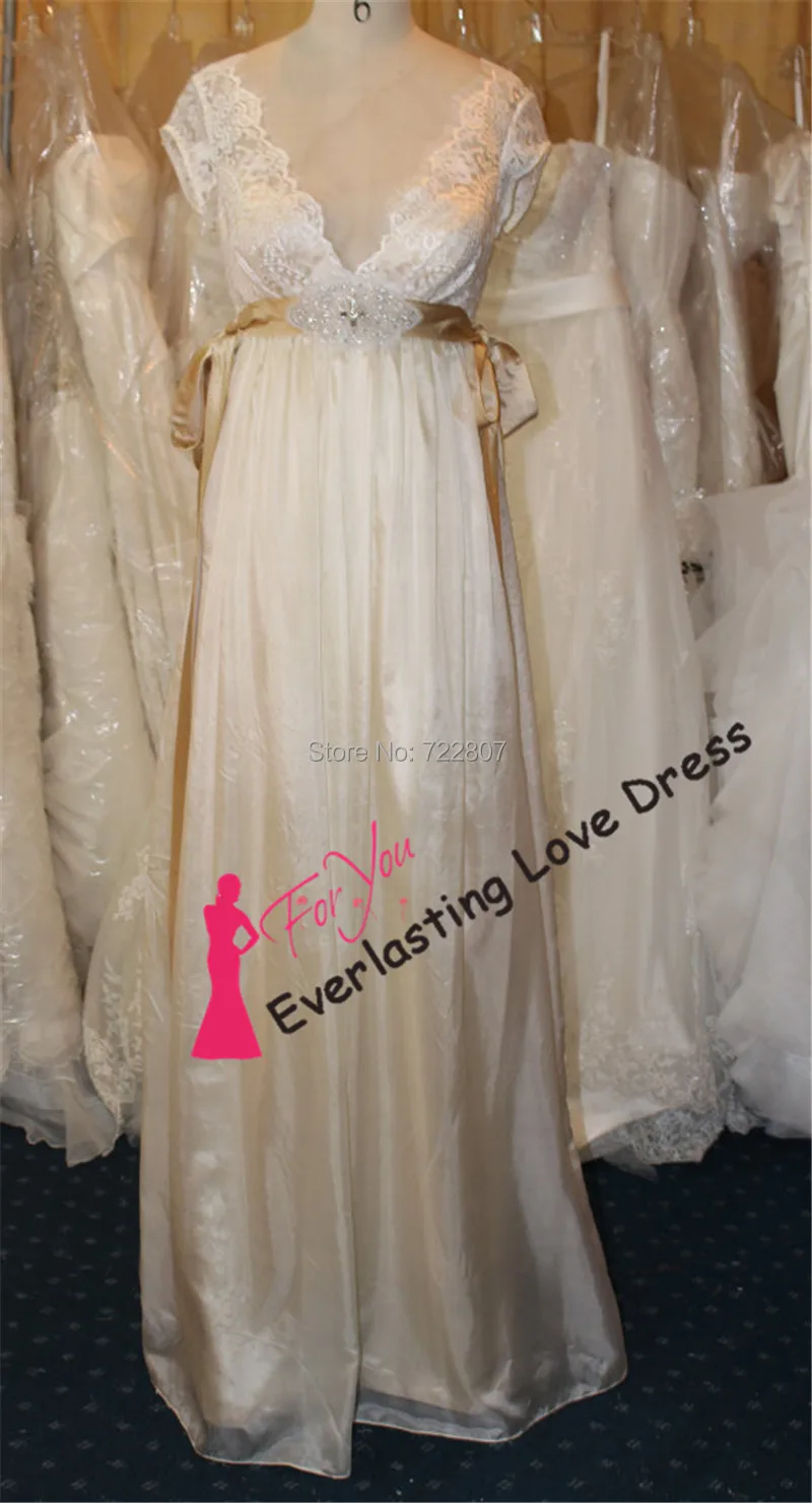 2014 Applique Beading Champagne Belt Inspired Lace Wedding Dress Open Back Cap Sleeves Empire Waist Maternity Bridal Gown | Свадьбы и