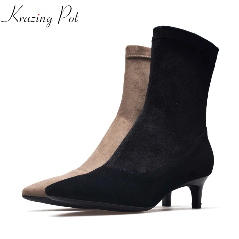 

Krazing Pot flock material Chelsea boots stiletto med heels streetwear pointed toe model catwalk women stretch ankle boots L80