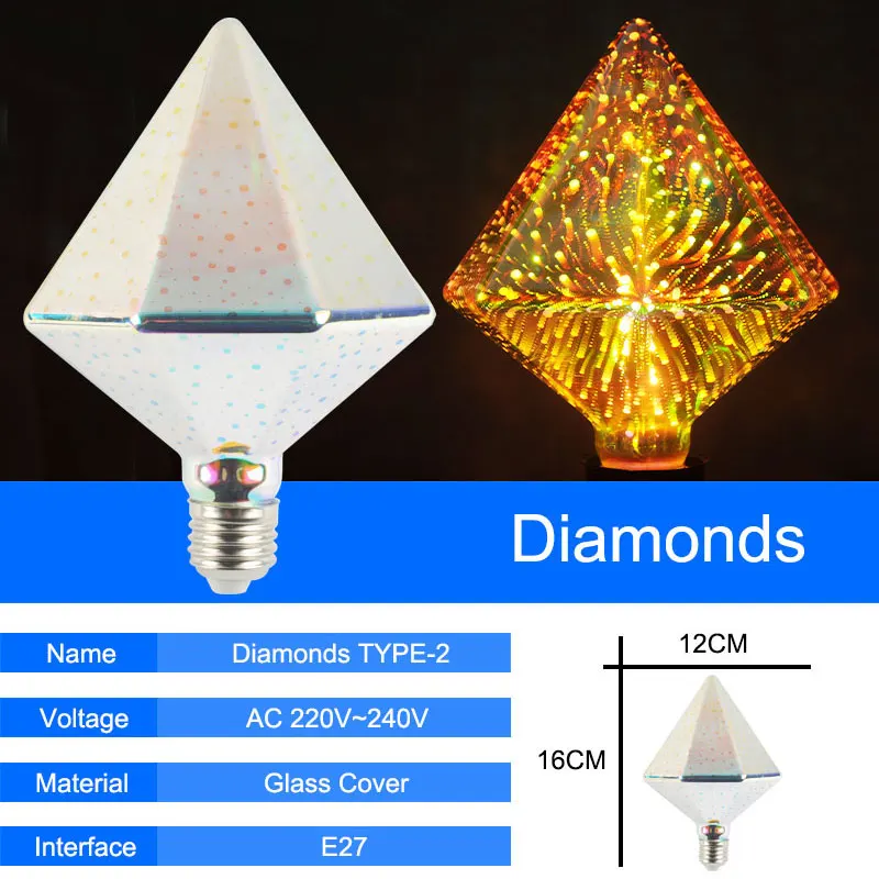 Светодиодный светильник, 3D Звезда, светодиодный светильник Эдисона, E27, 220 В, A60, ST64, звезда/Сердце/бриллиант, лампада для рождества, дома, вечерние, декоративные лампы
