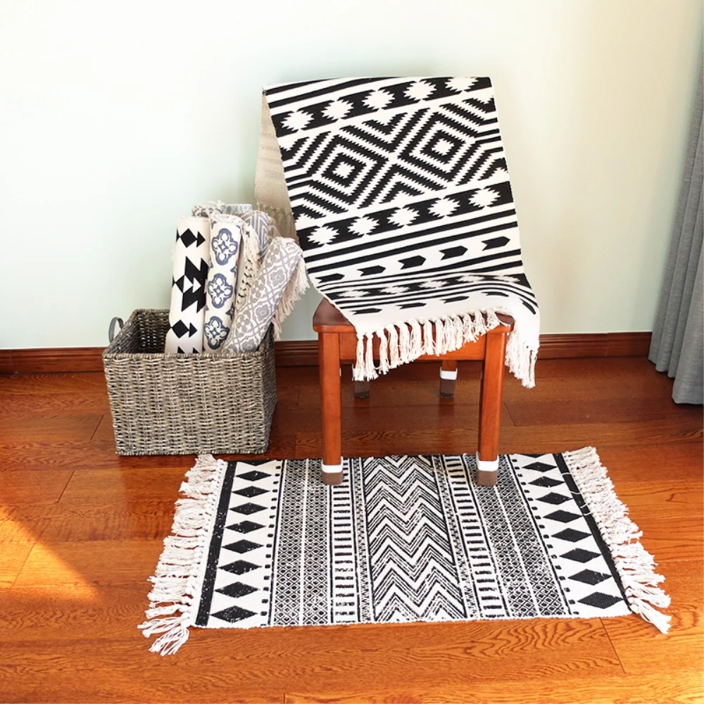 

RAYUAN Persian Style Blending Carpets Black and White Geometric Line Mat Fringed Tapestry Carpet Doormat Rug 60x90CM 60x130CM