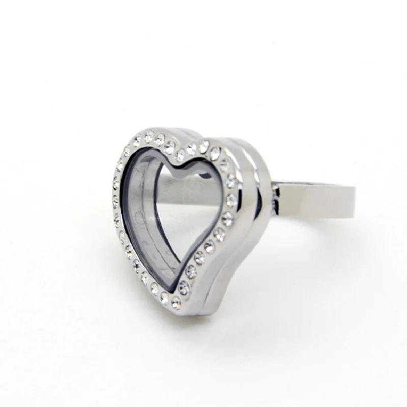 Heart Silver Stainless Steel Floating Locket Ring With Rhinestones
