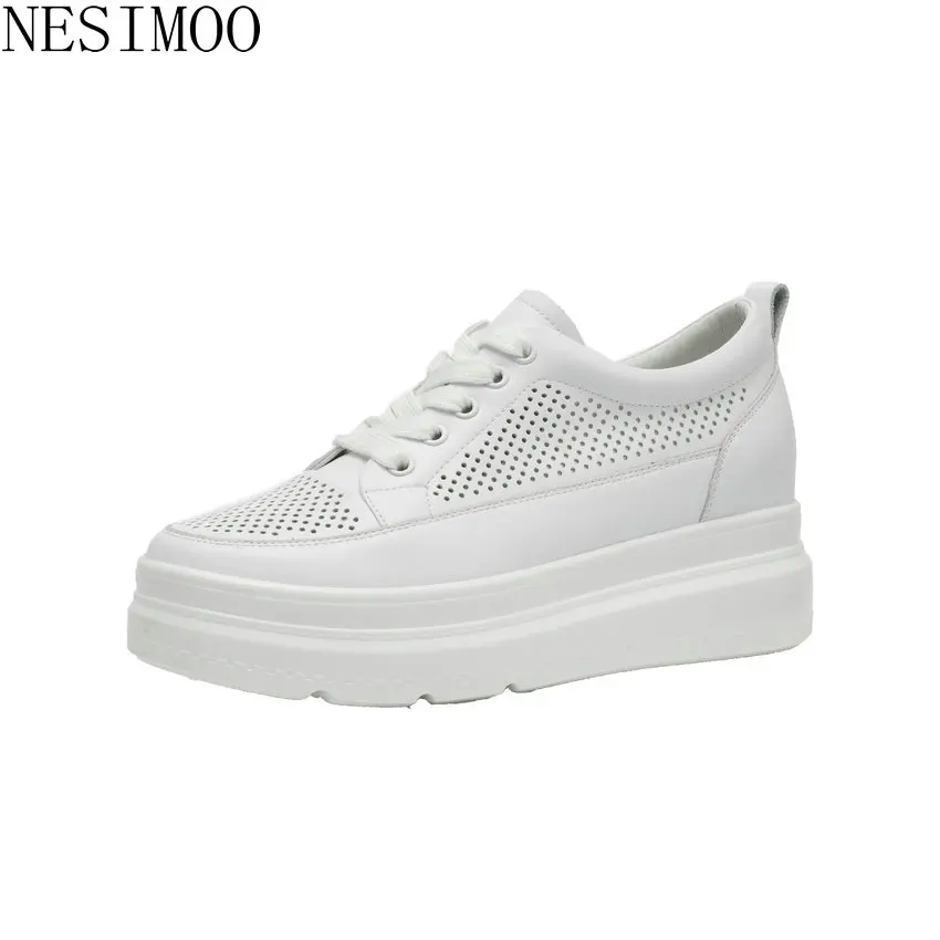 

NESIMOO 2019 Women Pumps Sport Wedge High Heel Genuine Leather Platform Round Toe Lace Up All Match Ladies Shoes Size 34-40