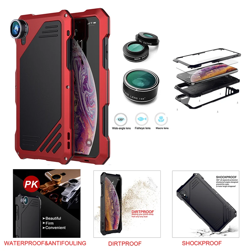 ل فون Xs ماكس Xr فاخر معدن إطار سيليكون الوفير للصدمات 360 حماية درع حالة + زاوية واسعة عدسة عين سمكة دقيقة عدة