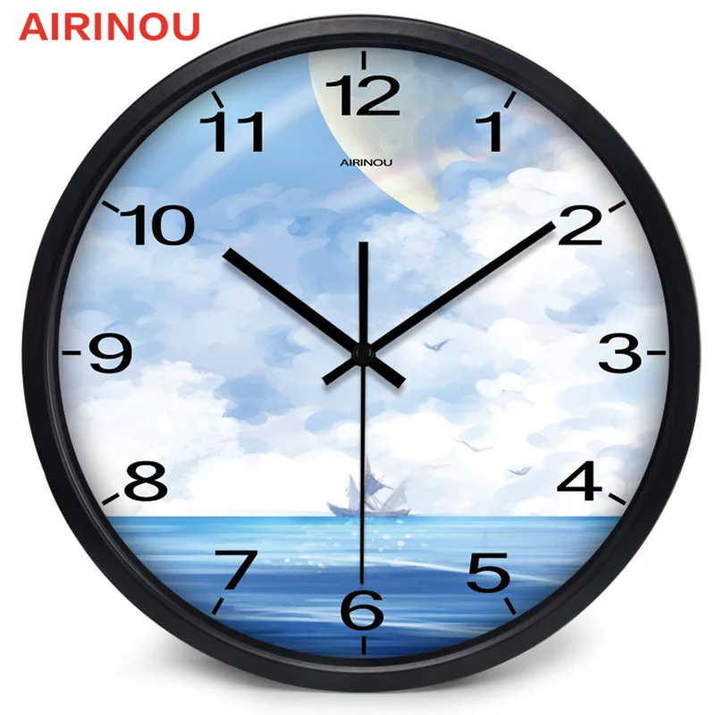Airinou 3 размера, плавающие на Средиземноморском пляже Стеклянные Настенные часы, без тикового звука - Цвет: Black Frame