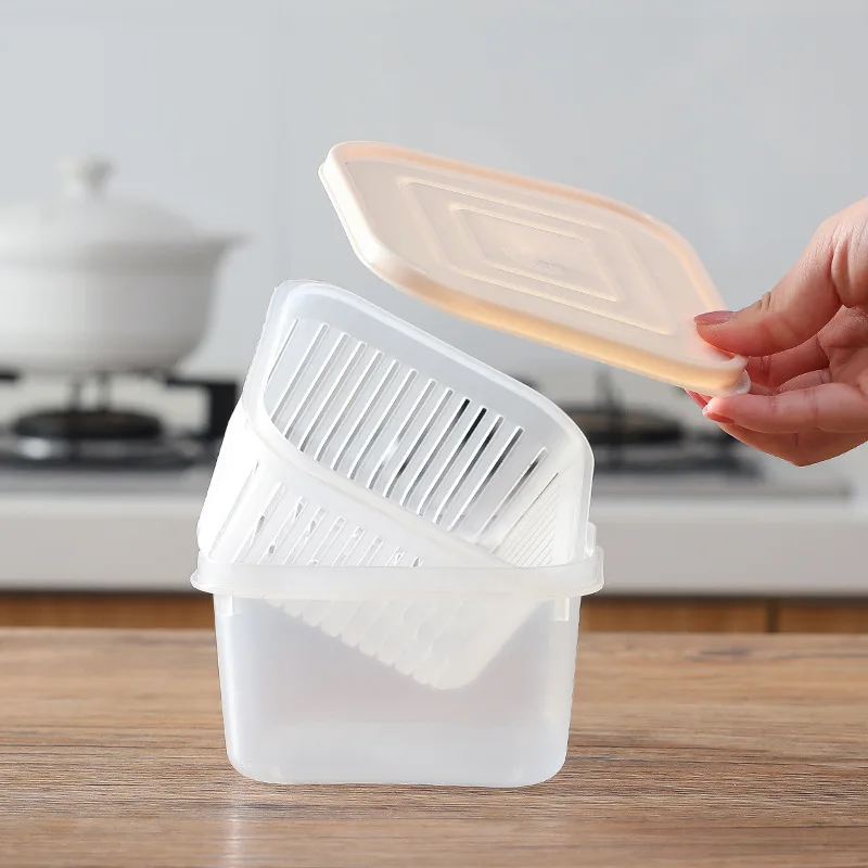 

Fruit Condiment Double Drain Storage Box Refrigerator Vegetable with Lid Storage Box Kitchen Supplies Multi-function Storage Box