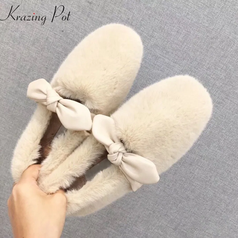 

Krazing Pot 2019 Spring Autumn round toe butterfly-knot sheep fur solid color slip on ballet flats sweet fairy girl shoes L10