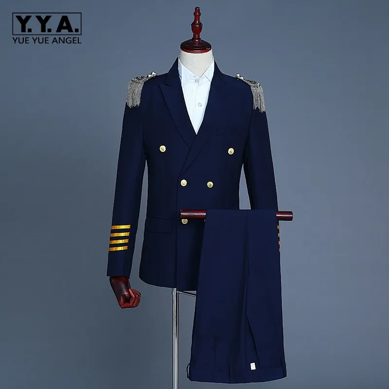 

Mens Formal Epaulet Tassels Pilot Captain Blazer Pants Suits Double Breasted Slim Fit Dress Suit Terno Masculino Costume 2 Piece