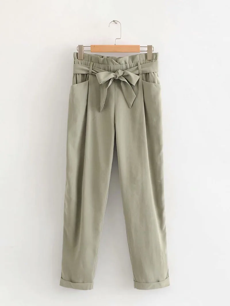 New Women Khaki Paperbag Trousers With Gathered Elastic Waistband- Lady Pleated Pants With Waist Tied Belt& Turn-up Hems - Цвет: Khaki As Pic