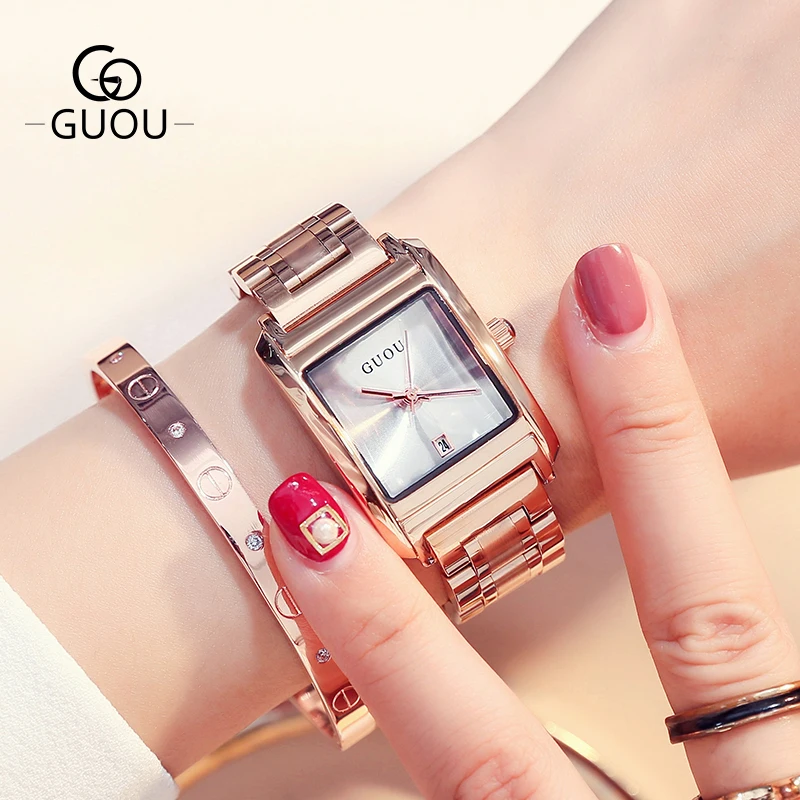 

GUOU Square Women Watch with Calendar Stainless Steel Bracelet Strap Rose Gold Case Water Proof Ladies Quartz Wristwatches 8089G