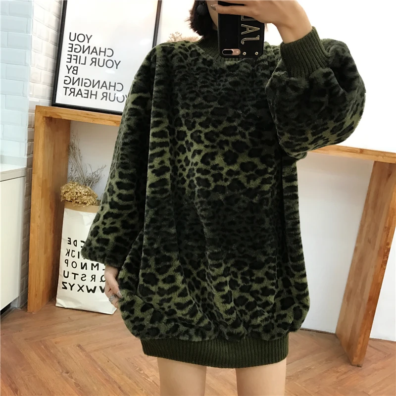 Леопардовый свитер с мехом размера плюс, платье для девушек с длинным рукавом, водолазка, Зимний Теплый Дикий Свободный Повседневный пуловер