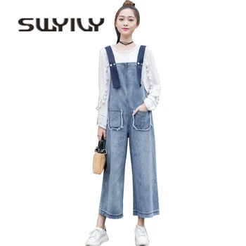 

SWYIVY Women's Denin Jumpsuit Jeans Autumn 2018 Female Casual Overalls Trouser Ankle Length Wide Leg Pants Lady Cotton Jumpsuits