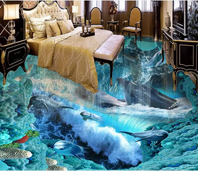 

Customize 3D Stereoscopic Wallpaper 3D Floor Self adhesive Wallpaper Dolphin Vinyl Flooring Wallpaper Modern