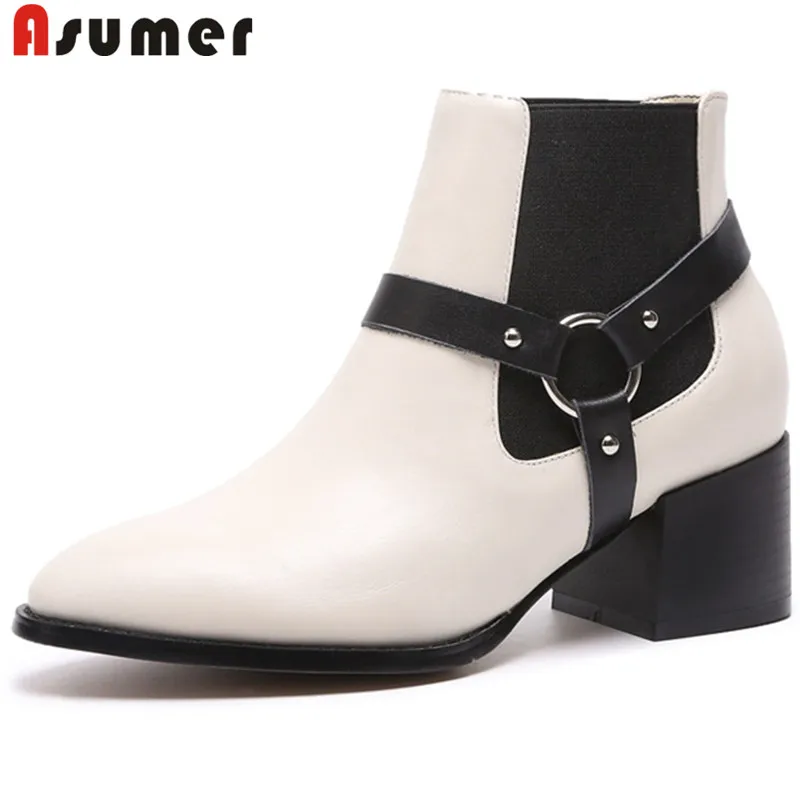 

ASUMER 2019 hot new ankle boots women round toe square heel high heels shoes genuine leather boots women autumn winter boots