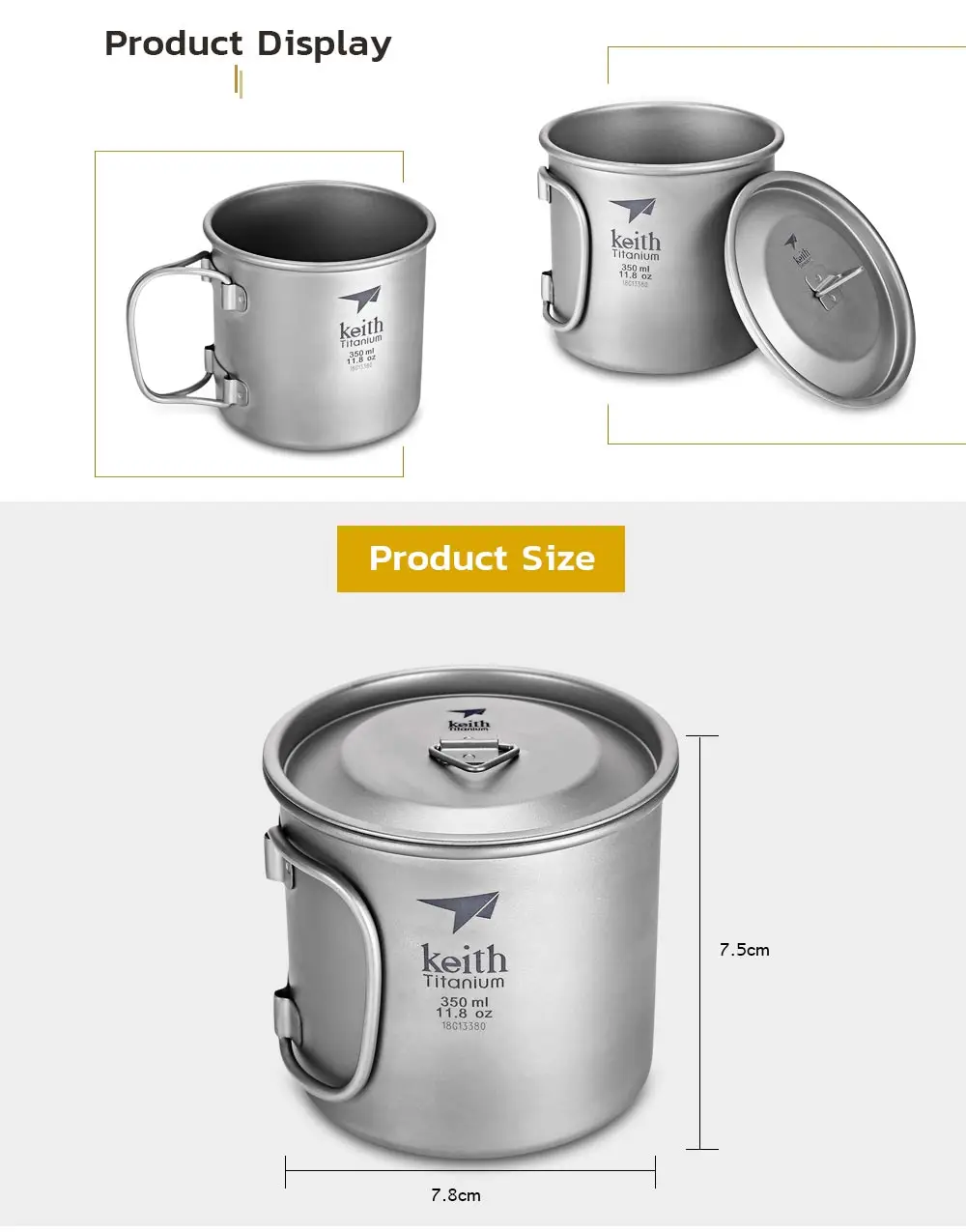 Keith Ti3240 Outdoor Drinkware Foldable Handle Titanium Cup with Cover