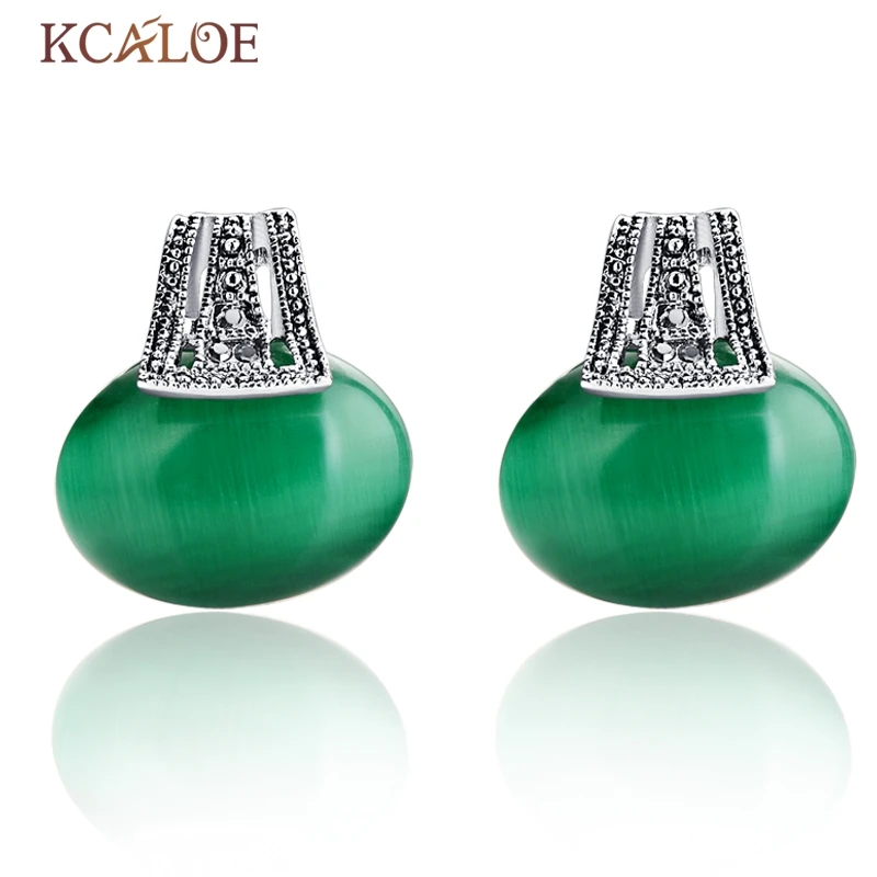

KCALOE Green Opal Stud Earrings Silver Color Oval With Natural Green Stones Verde Prata Elegant Wedding Jewelry Women Earring