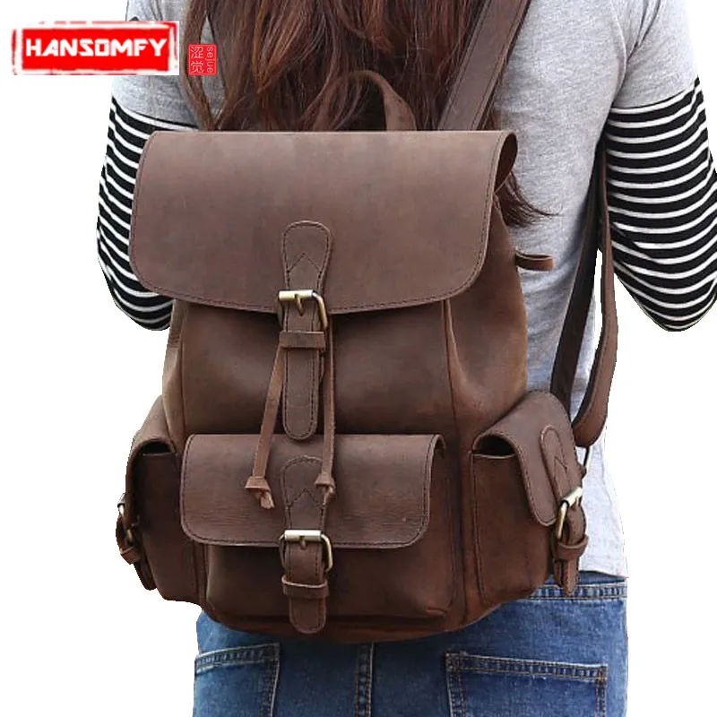 

2018 new Crazy Horse Leather Women backpacks retro leisure female shoulder Bag full leather ladies Backpack