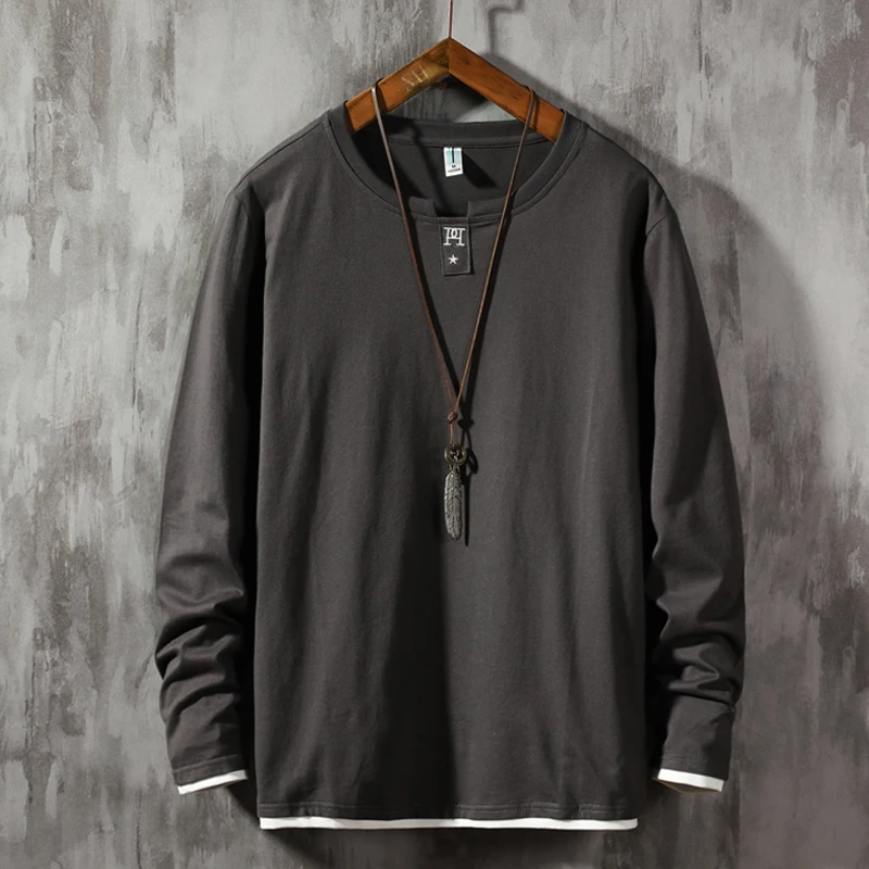 

7 Color Fake Two Pieces Male T-Shirt Solid Color Men's T-Shirts O-Neck Comfortable Long Sleeve T-Shirt