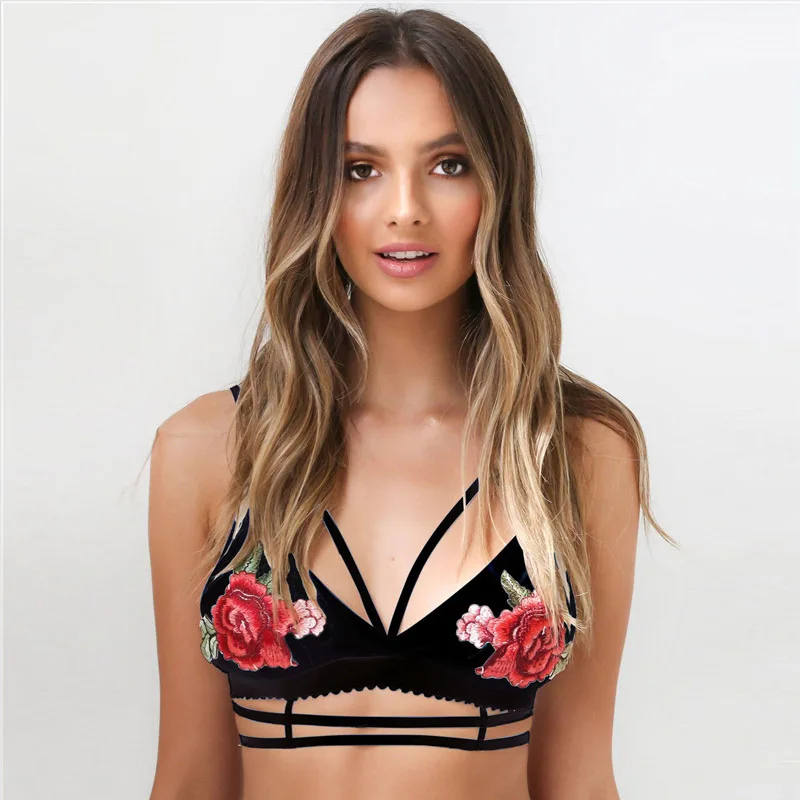 

Sexy Strappy Floral Embroidery Crop Top Push Up Three Quarters Beach Camis Wire Free Back Closure Collar Bralette