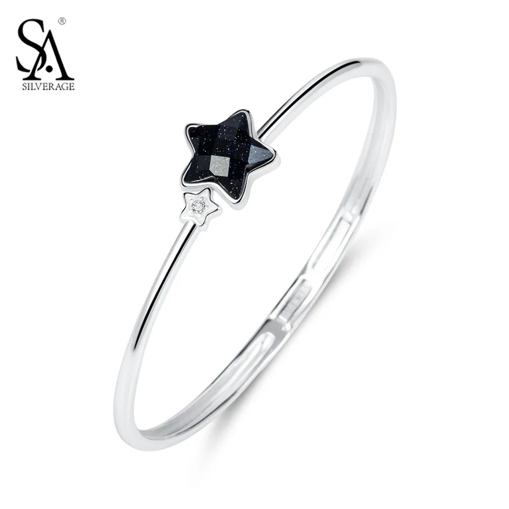 

SA SILVERAGE Authentic 925 Sterling Silver Black Star Bracelets & Bangles for Women Romantic Fine Jewelry Engagement Gift