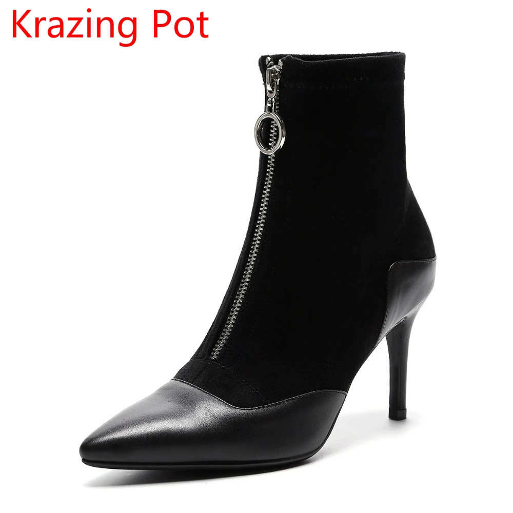 

2018 New Arrival Genuine Leather Stretch Fabric Pointed Toe Zipper High Heels Fashion Boots Nightclub Women Mild-calf Boots L00