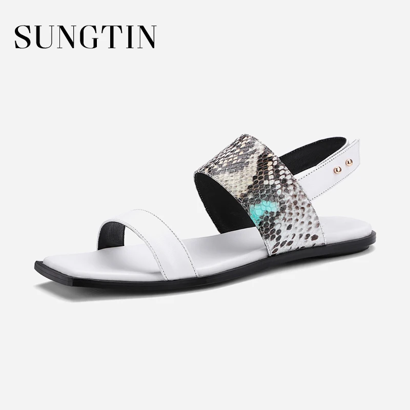 

Sungtin Sexy Bling Gladiator Sandals Women Flats Back Strap Slingback Sandals Lady Catwalk Genuine Leather Buckle Sandals