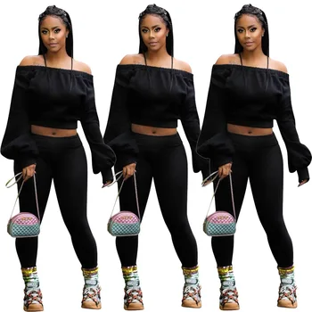 

Sexy two-piece set slash neck tracksuit women Full Bell sleeve Pullover Elastic Waist Solid color Ankle-Length Pants