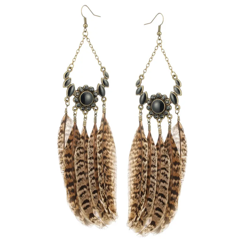 

Bohemian handmade alloy brown feather earring Boho ethnic long feather dangle earrings for women Charm fashion jewellery 2019