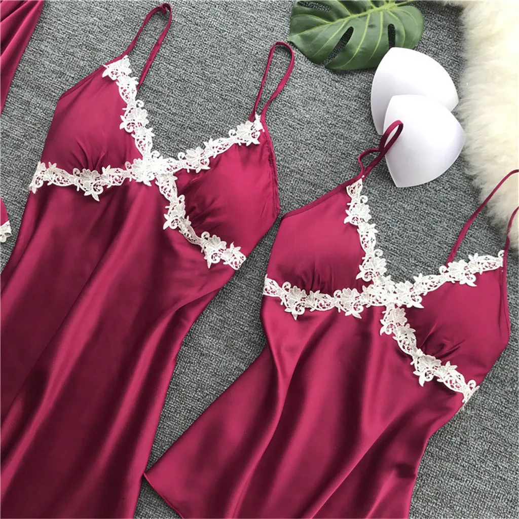 Women Satin Sexy pajamas Lace Lingerie Nightwear Underwear Babydoll Sleepwear Dress 5PC Suit pyjamas women sexy lingerie