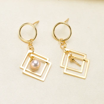 

S925 Sterling Silver Round With Rhombus Design Pearl Drop Earrings Findings Women DIY Pearl Earrings Components 3Pairs