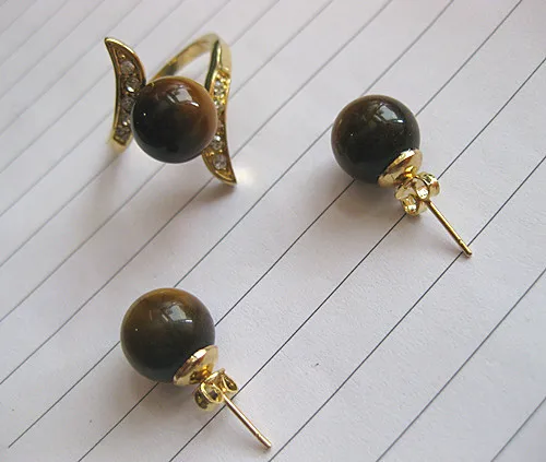 

wholesale christmas gift 12mm tiger eye stone stud earring & ring(#7.8.9) 5.31