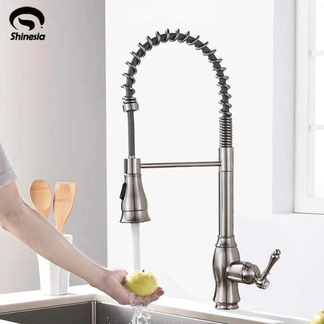 Cheap Nickel Brushed Spring Kitchen Faucet Pull out Dual Sprayer Spout Single Handle Mixer Tap Sink Faucet 360 Rotation Kitchen Faucet