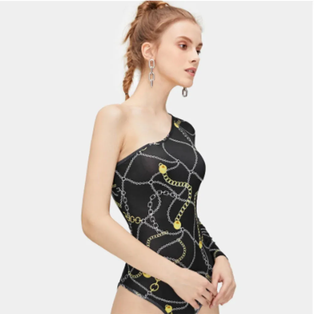 

JAYCOSIN Spring Summer Women's Ladies Fashion Print Oblique Collar Skinny Casual Long Sleeve Bodysuits Jumpsuit Features Mar13