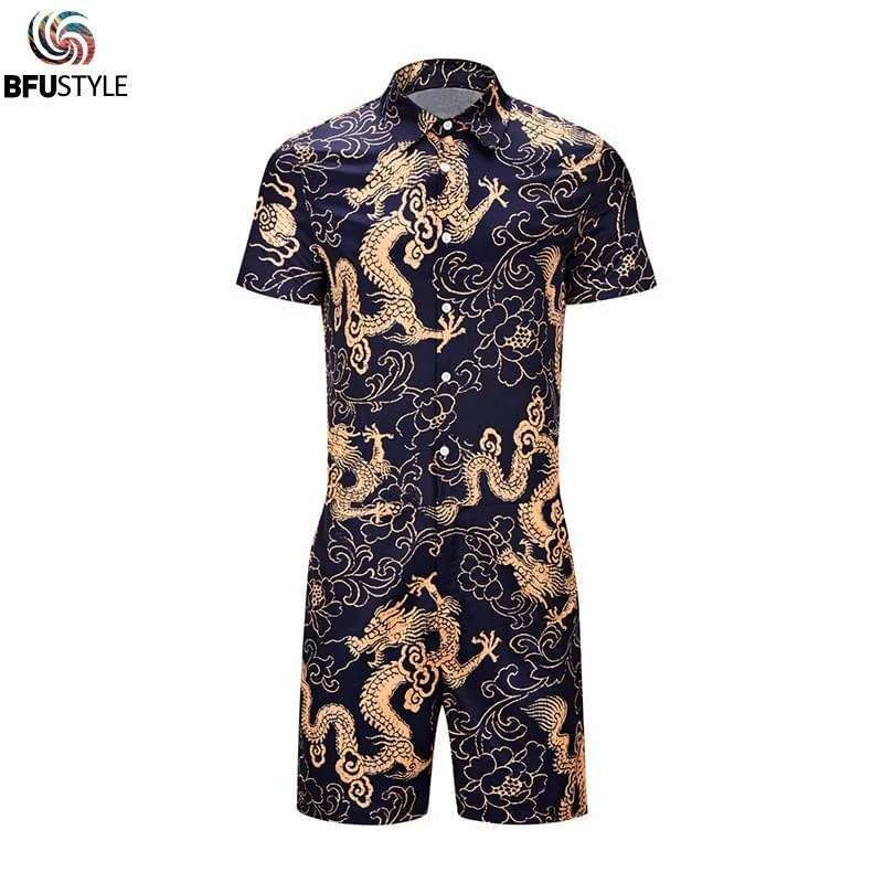 

China Traditional Dragon Gold Men Rompers 3D Jumpsuit Playsuit Harajuku Overalls One Piece Jumpsuit Hawaiian Shirts Men's Sets