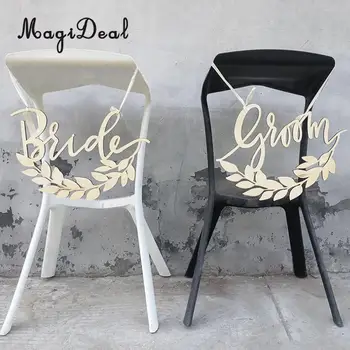 

2 Pieces Bride Groom Leaves Wooden Hanging Decor Wedding Chair Sign
