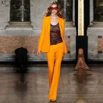 

Jacket+Pants Orange Business Pants Suits For Women Slim Fit Office Uniform Style Ladies Pant Suits 2 Piece Set Blazer Custom