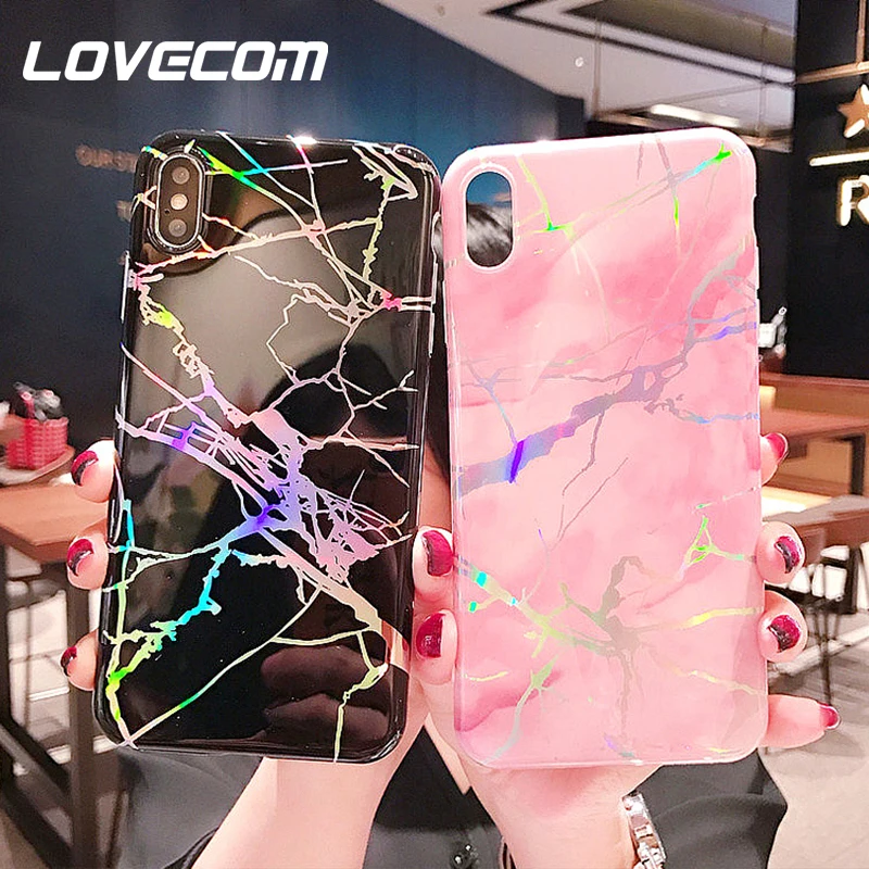 

LOVECOM Gilding Marble Laser Texture Cases For iPhone X XS Max XR 6 6S 7 8 Plus Full Body Soft IMD Phone Back Cover Coque Gift