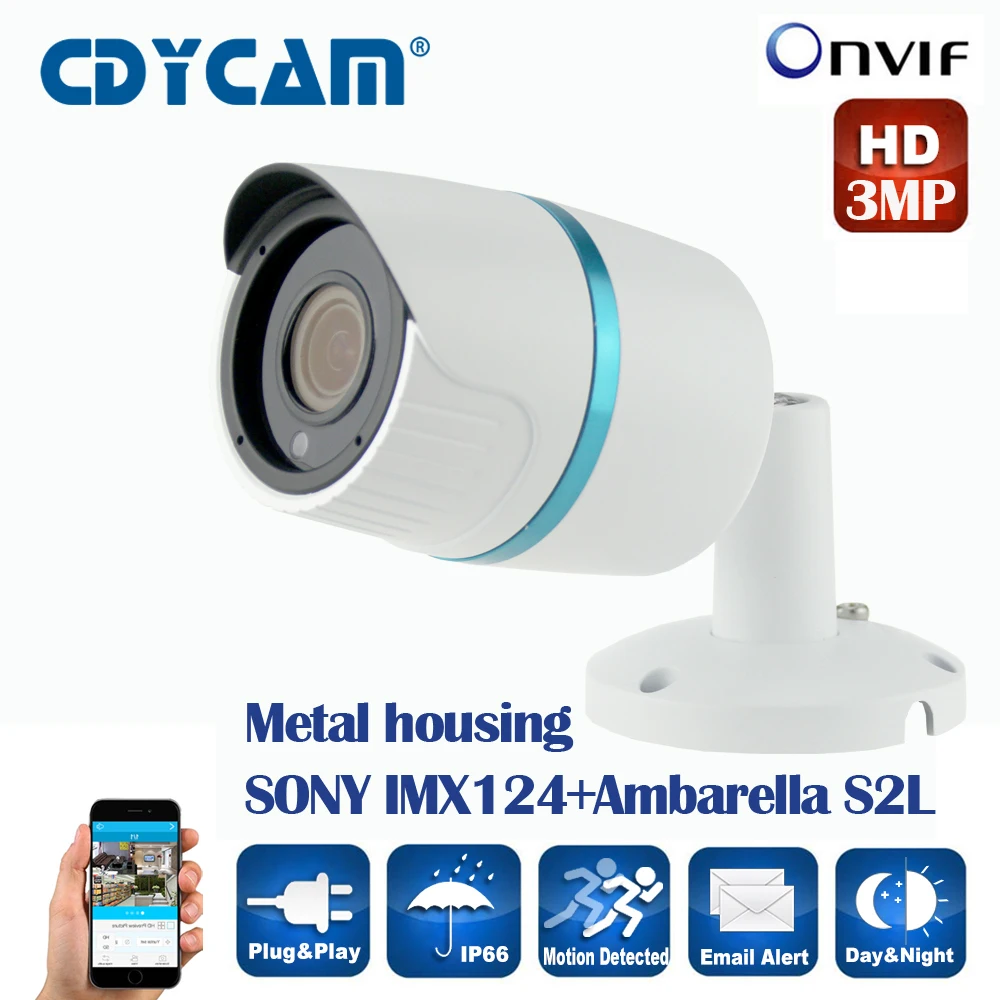 IMX124+Ambarella S2L 3MP ip camera outdoor WDR Network IP66 IP Camera Security P2P ONVIF2.4 3.6mm HD Lens IR 20Meter range