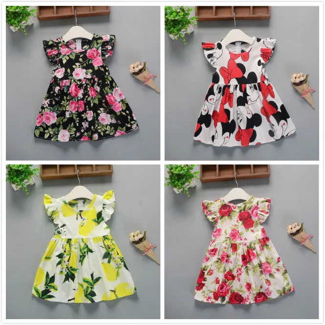 

Girls Dress Summer 2019 Children's Girls Flying Sleeve Print A-Line Cotton Dress Cartoon Minnie Baby Girl Knee-Length Dress