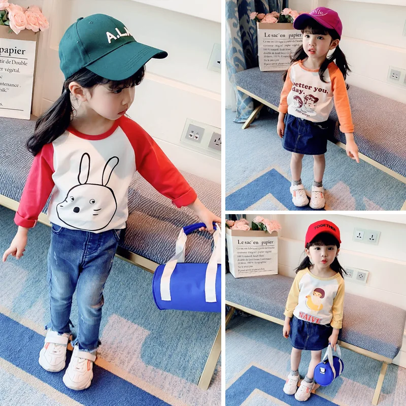 

New Korean Children's Girls Cartoon Little Girl English Raglan Sleeve Tops Children's Wear For Hight 80cm-130cm