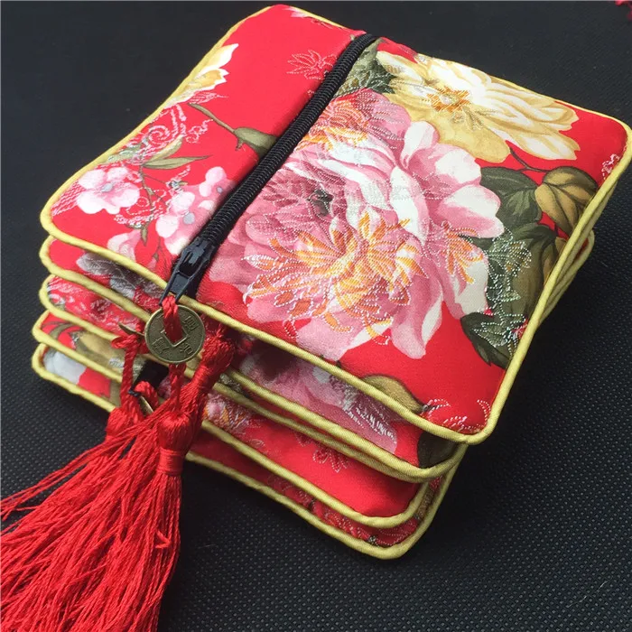 

Pteris Flower Chinese Silk Pouch Bag with Zipper Purse Gift Christmas Bags High Quality Wedding Party Favor Bags 10pcs/lot