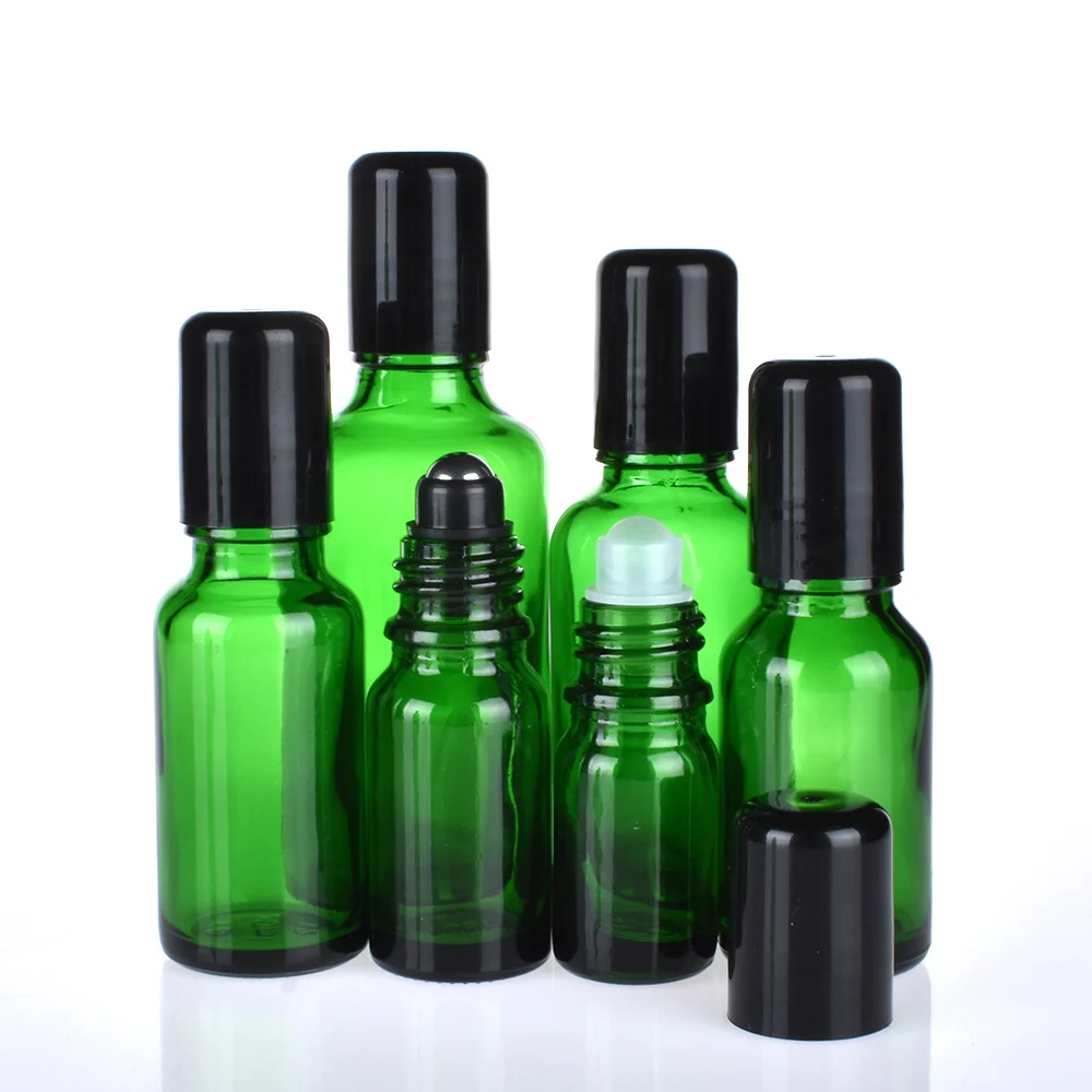 12pcs/lot Green Glass Roll On Bottle Empty  Essential Oil Bottle With Black Metal Rollon 5ml 10ml 15ml 20ml 30ml 50ml 100ml 50pcs lot matte black aluminum cans aluminum jars 5ml 10ml 15ml 20ml 30ml 50ml 60ml 80ml 100ml 150ml 200ml 250ml spots