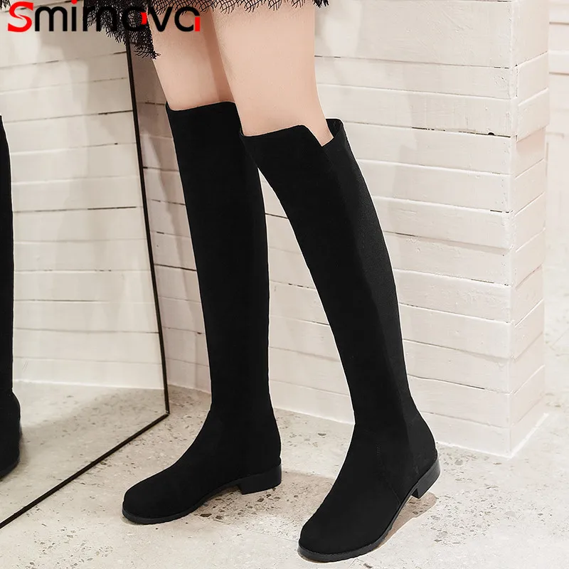 

Smirnova black fashion autumn winter boots women round toe knee high boots med heels stretch fabric+cow leather boots big size