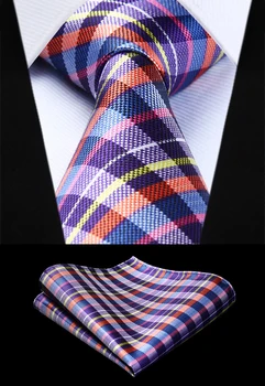 

Woven Men Tie Purple Yellow Orange Plaid Check Necktie Handkerchief Set# TC621P8S Party Wedding Classic Pocket Square Tie