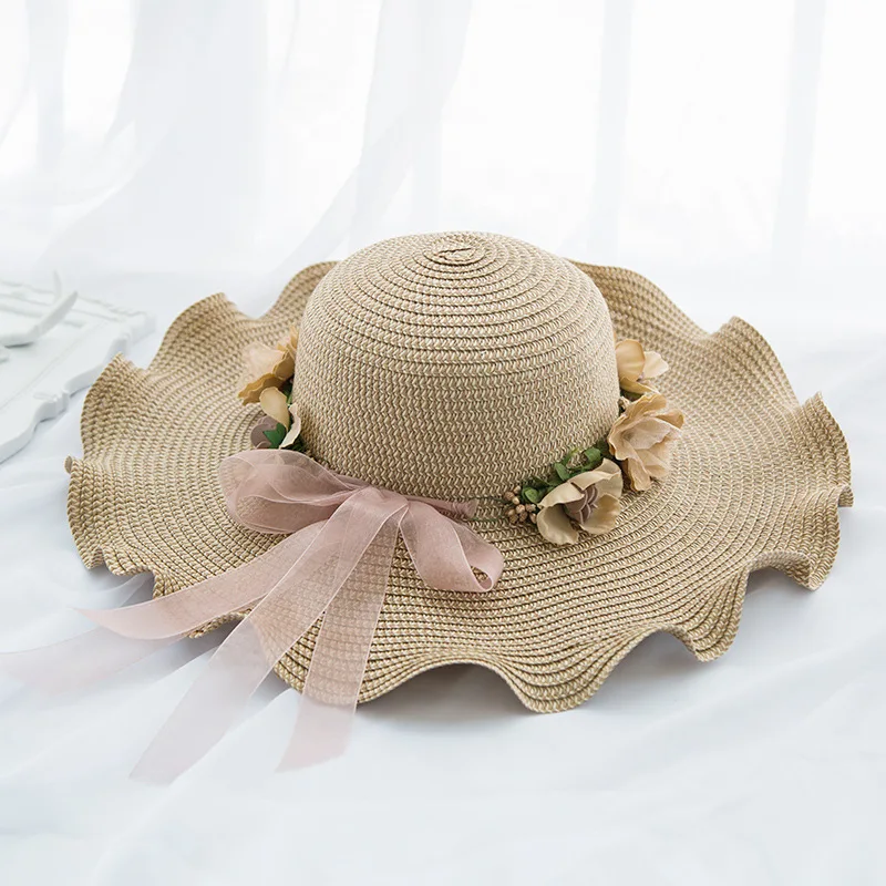 

2019 Summer Straw Hat Kids Wave Brim Beach Hat Sun Hat Baby Girls Boys Outdoors Sunshade Panama Hat kids bone