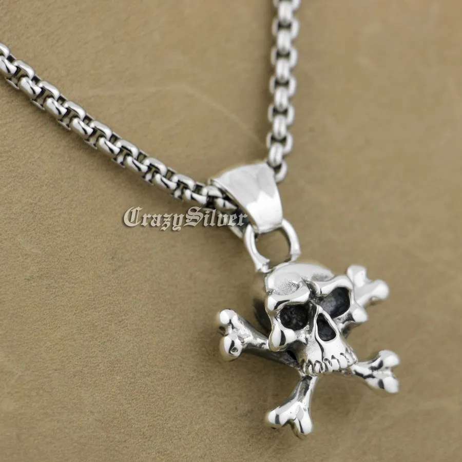 

925 Sterling Silver Pirate Skull Bone Biker Pendant 9S003 Stainless Steel Necklace 24 inch