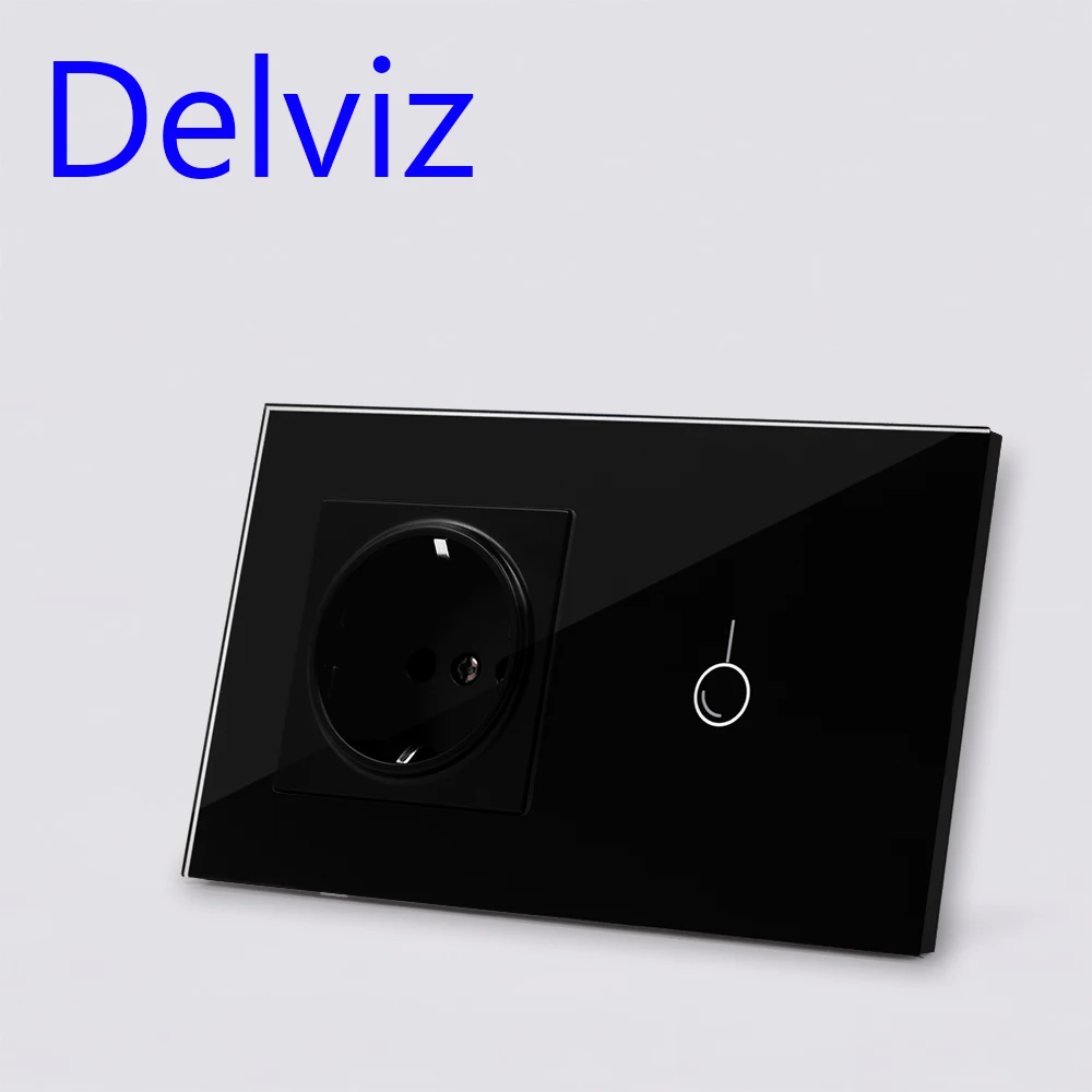 Delviz EU Standard Wall Switch Socket,1Gangs 1Way/2Way,AC 110~240V,mains jack,Home Touch Screen Light Switch,Crystal Glass Panel - Type: Black